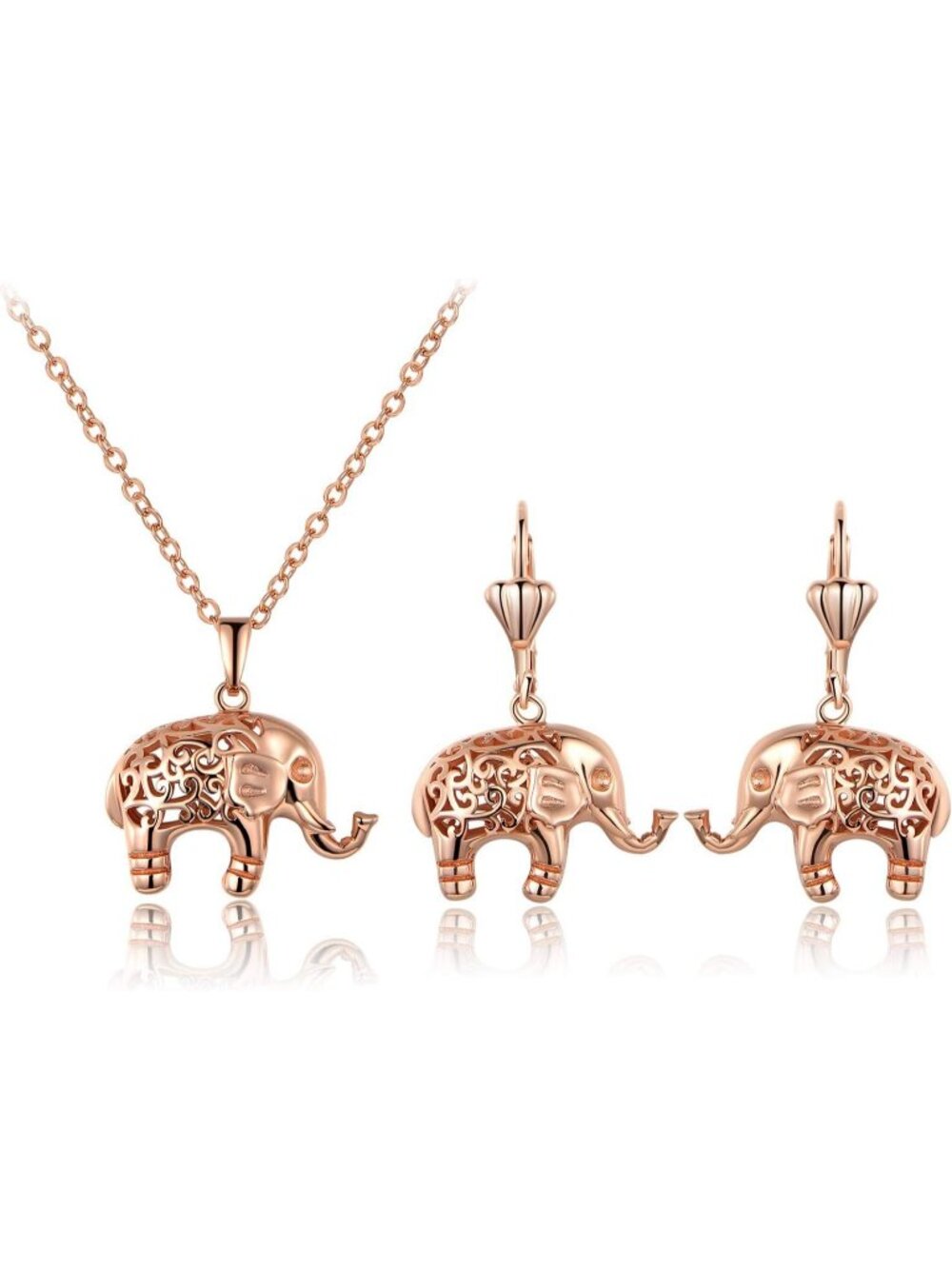 Women’s Rose Gold Metal Filigree Elephant Jewelry Set Necklace Earrings